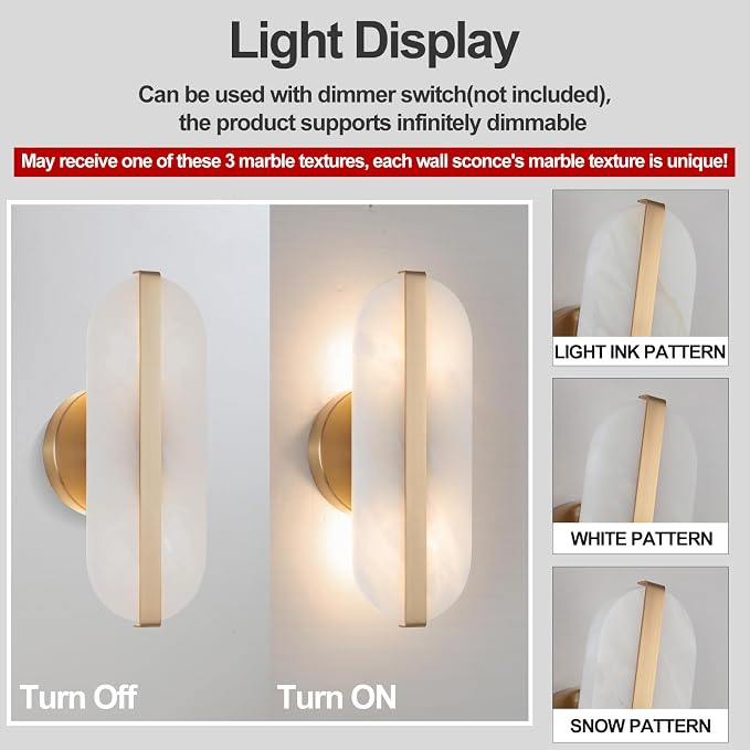 Natural Alabaster Wall Sconces Set of Two Marble Wall Sconces Hardwired | Gold Bathroom Vanity Wall Light Fixtures Modern Oval Stone Wall Lamp for Bedroom Living Room Hallway Restaurant, 11.8in