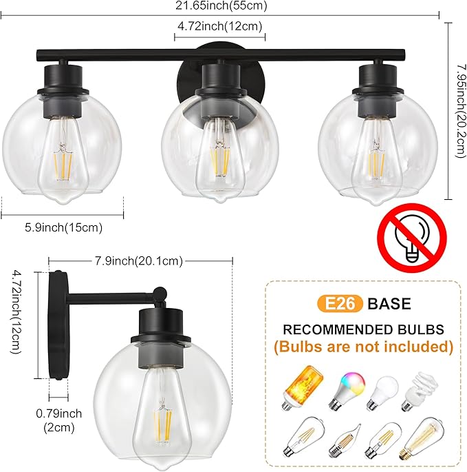 Bathroom Light Fixtures Over Mirror 3-Lights Bathroom Vanity Light with Clear Globe Glass Shade 22 inch Modern Black Vanity Lights Wall Sconce Lighting for Bath