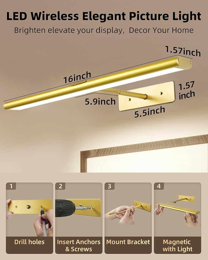 EZVALO Picture Light for Wall, 4800mAh Rechargeable Wireless Lights, 16'' Dimmable with IR Remote Magnetic LED Art Painting Light with 3 Color Temps, Display for Gallery, Living Room, Bedroom(Gold)