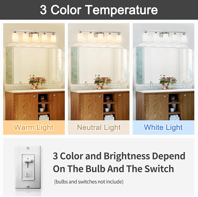 ZHU YAN Modern Vanity Light Over Mirror, 5-Light Brushed Nickel Bathroom Lighting Fixtures, White Frosted Glass Shades,Bathroom Lights for Mirror Living Room Bedroom E26 Socket