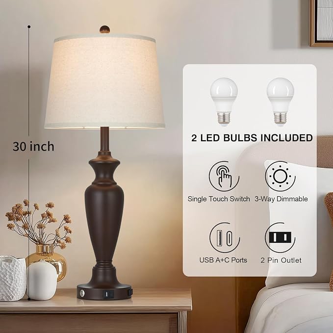 30" Tall Brown Table Lamps Set of 2 for Living Room, Touch Control Bedside Lamps for Bedroom Nightstand, 3-Way Dimmable Farmhouse Lamps with Charging Ports (2 LED Bulbs Included)