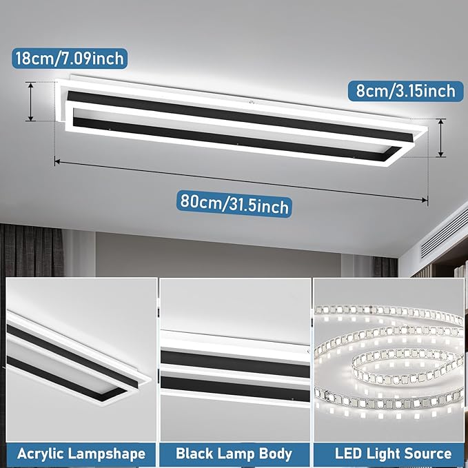 Dimmable Led Ceiling Light with Remote Control 31.5in Modern Linear Flush Mount Ceiling Lighting Fixture Acrylic Long Ceiling Lamp for Living Room Kitchen Dining Room Hallway (Black, 2 Packs)