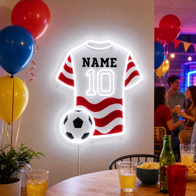 Custom Soccer Jersey Neon Sign, Personalized Name Number world cup Football Jersey Neon Light with Soccer Ball, Customizable USB LED Wall Decor for Boys Bedroom, Game Room, Man Cave, Sports Bar, Fan Club, Party,Soccer Gifts