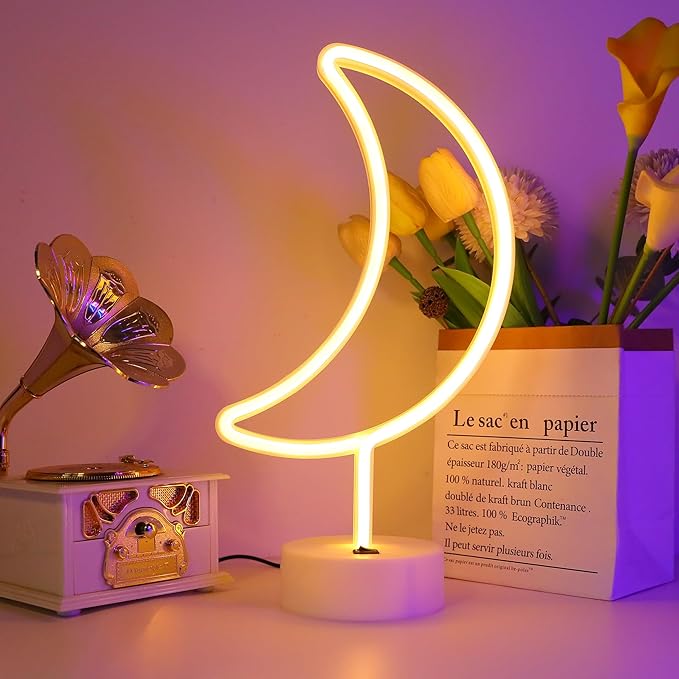 ENUOLI Warm White Moon Shape Led Neon Night Light with Holder Base Moon Neon Sign Lamp Power by Battery&USB Marquee Neon Sign for Home Party Birthday Bedroom Table Decoration Children Gifts