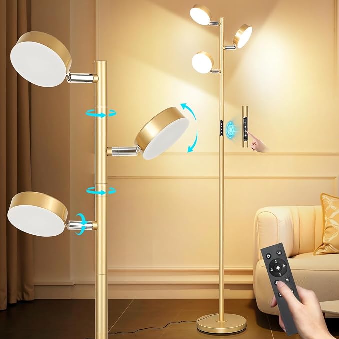 Tree Floor Lamp for Living Room - Modern Gold Standing Lamp | LED Floor Light with Remote & Touch, 3000K-6000K Dimmable for Bedroom Office Reading (3 Head)