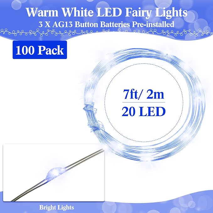 100 Packs Fairy Lights Battery Operated 3 Speed Modes, 7 Ft/ 2 M 20 LED Battery String Mini Waterproof Wire Twinkle Lights Bulk for Wedding Party Birthday Vases Decor (Blue Light)