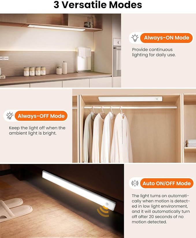 16 Inch Under Cabinet Lights, 83 LED Rechargeable Magnetic Motion Sensor Light Indoor, Brightness Dimmable 6500K Stepless Dimming Closet Light, for Under Counter, Kitchen, Stairs, Closet, 2 Packs