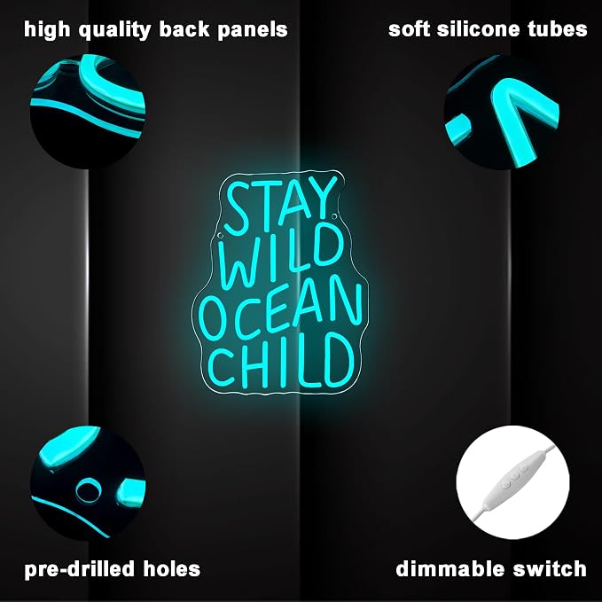Stay Wild Ocean Child Neon Sign, Dimmable LED Kids Room Neon Light, Boho Surf Wall Art Kids Ocean Surf Bedroom Baby Playroom Wall Decor Party Gift(10.2 * 13in)