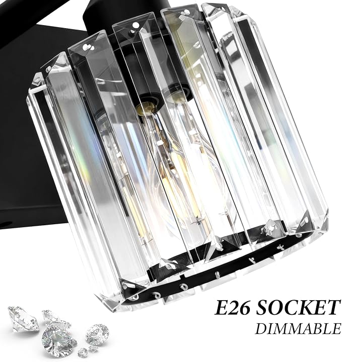 Black Crystal Bathroom Vanity Light, 3-Light Modern Bathroom Lighting Fixtures Over Mirror, Matte Black Wall Sconce Light Fixtures with Round Shade