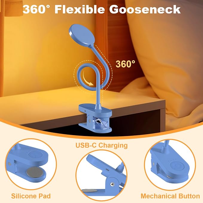 Cordless Clip on Reading Light, Rechargeable LED Book Lamp for Kids, Flexible and Dimmable Clamp Light with 3 Color Modes & 10 Brightness for Students Dorm Room Desk Bunk Bed Headboard (Blue/3.5'') | 10 Brightness Levels, Clamp Lamp with USB-C, 15.8'' ...