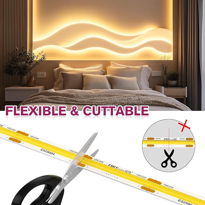 EMITEVER COB LED Strip Lights 3000K 24V, 16.4ft/5m, 2560LEDs, UL Listed | Warm White Tape Light Premium High Density,for Bedroom, Kitchen,Cabinets,360+Lumens/ft,Ra 90+ (Power Supply Sold Separately)