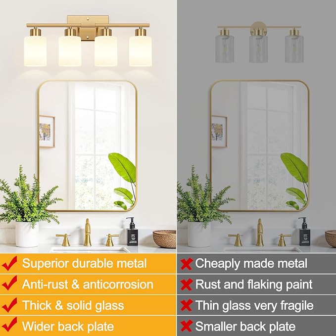 4-Light Bathroom Light Fixtures, Brushed Gold Vanity Light with Milky White Frosted Glass Shades, Modern Bathroom Vanity Light for Mirror, Bedroom, Hallway, or Living Room