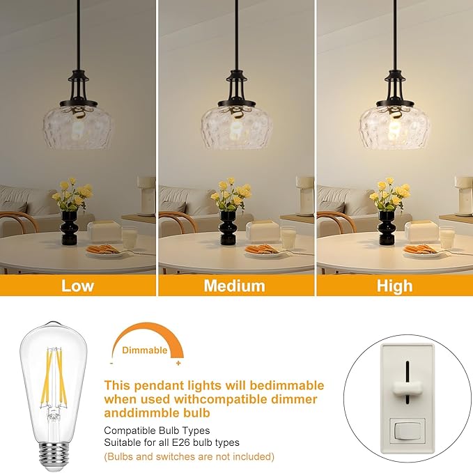 Modern Pendant Lights Kitchen Island, Matte Black Pendant Light Fixtures with 10" Clear Hammered Glass Shade, Industrial Hanging Pendant Lights Fixture for Kitchen Island Dining Room Bedroom Entryway