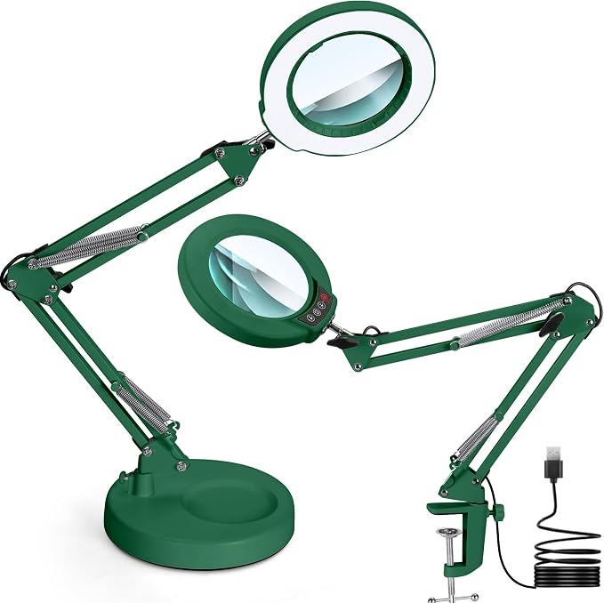 12X Magnifying Glass with Light and Stand, Upgrade Button 5 Color Modes Stepless Dimmable, 2-in-1 LED Lighted Magnifier Light, Hands Free Desk Lamp with Clamp for Craft Hobby Close Work - Green