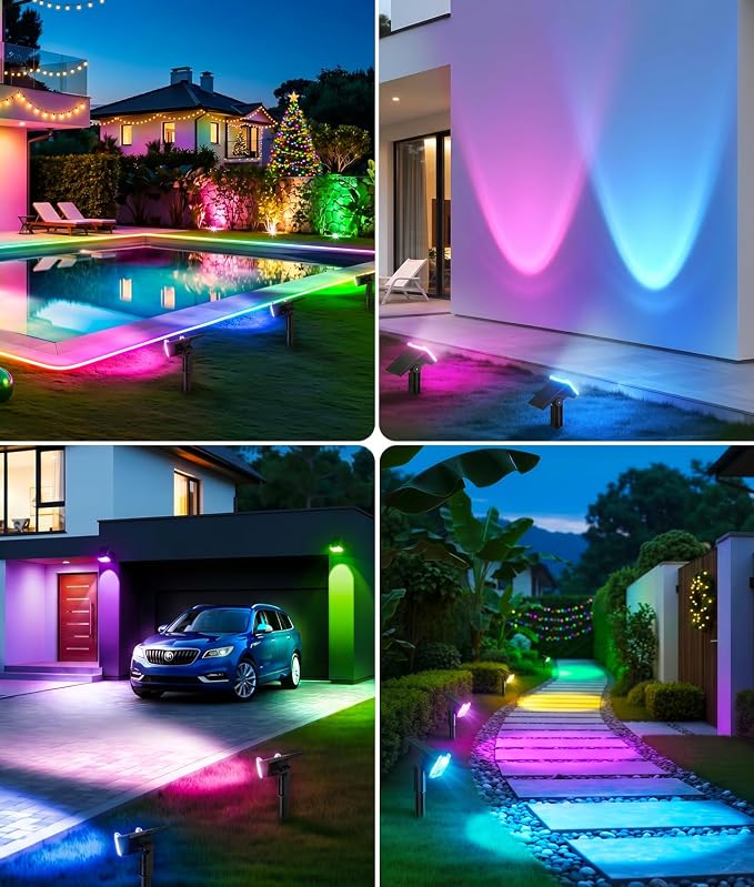 LETMY Solar Lights Outdoor Waterproof IP65, 4 Pack Solar Spot Lights Outdoor with 14 Big LEDs, 2-in-1 Wall Lights & 7 Modes Solar Landscape Spotlights for Pathway Yard Patio Decor Garden Gifts (RGB)
