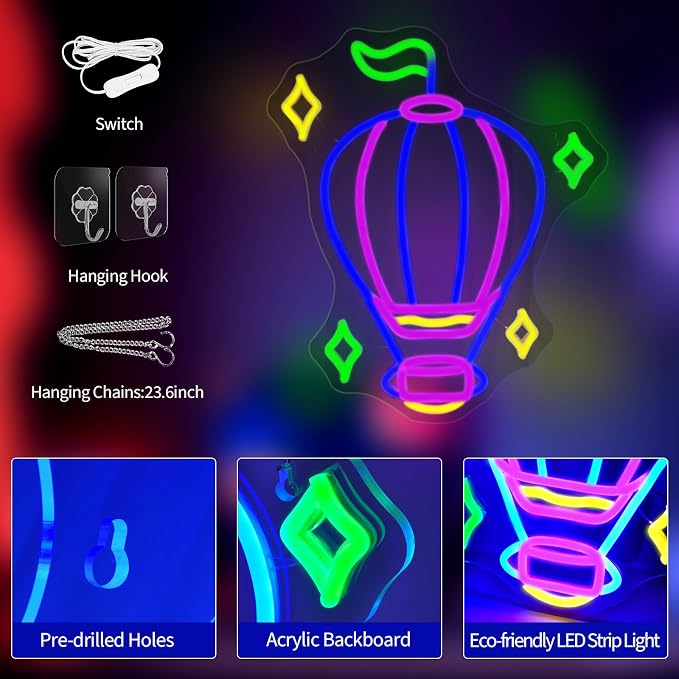 JEDAEMEN Hot Air Balloon Neon Signs for Wall Decor Blue Purple LED Sign | Balloon Neon Lights Led Light Sign Preppy Room Decor Light Up Sign for Birthday Party Decoration USB Powered