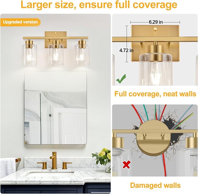 3-Light Brushed Gold Bathroom Vanity Light, Modern Bathroom Light Fixture with Clear Glass Shades, Wall Sconce for Mirror, Kitchen, Bedroom, Living Room, Hallway