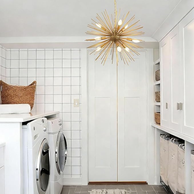 23.8" Modern Sputnik Chandelier 9-Lights Mid-Century Modern Starburst Golden Chandelier Luxury Gold Solid Metal Sputnik Satellite Chandeliers for Dining Room, Kitchen Island, Bedroom, E12