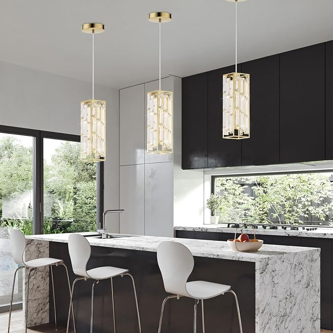 Modern 1-Light Crystal Pendant Light Kitchen Island, Brass, 2-Pack | Mini Crystal Chandeliers, Height Adjustable Cord, Ceiling Hanging Lighting for Kitchen Island Dining Room Bedroom