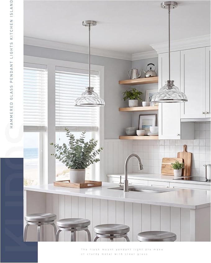 kudos 11 Inch Brushed Nickel Pendant Lights with Hammered Glass,KDPL14-BN-H | E26 Bulb Base, Hardwired, Farmhouse Styling, Adjustable Hanging Rods for Flat or Sloped Ceilings, for Kitchen Bars