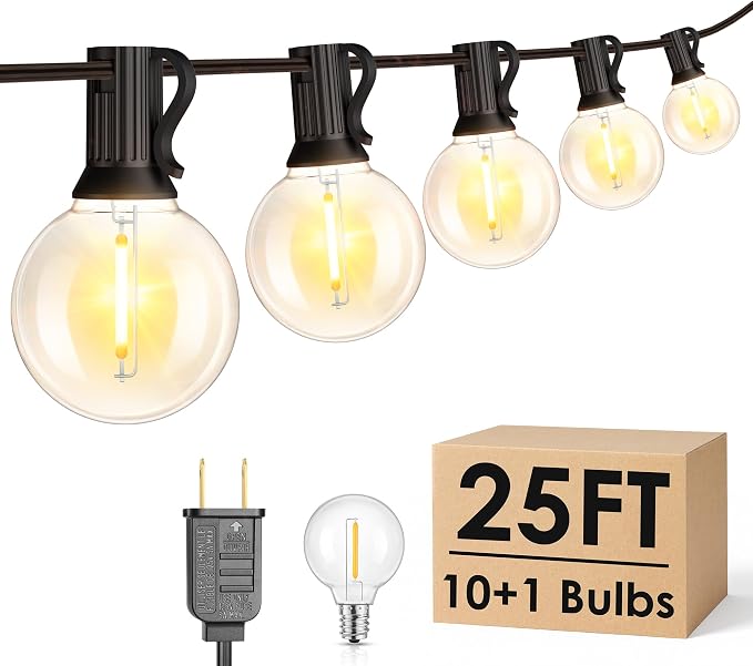 25FT G40 LED Outdoor String Lights with 10+1 Bulbs, Plug-in, Black | Waterproof, Shatterproof, Dimmable, Connectable, Energy-saving, Patio Lights Porch Balcony Backyard Party Classroom Decor