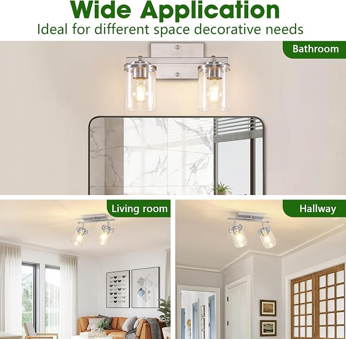 FadimiKoo 2-Lights Brushed Nickel Kitchen Track Lighting Fixtures Ceiling Mount, Adjustable Hallway Light Fxitures with Clear Glass Shade, Modern Spotlight Fixtures for Living Room Foyer Stairway