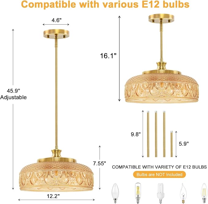 Lamomo Adjustable Large Pendant Lighting Kitchen Island for Dinning Room | Pendant Light with Clear Glass Lampshade over Sink, Amber Ceiling Lights Kitchen Pendant Light for Indoor Decor, No Bulbs