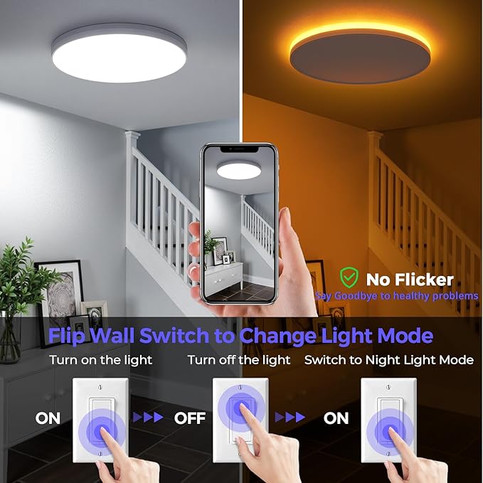 SunRider LED Flush Mount Ceiling Light Fixture with Night Light, 6000K Cool White, 12 Inch 24W 2400LM Round Dimmable Flat Ceiling Lamp for Living Room