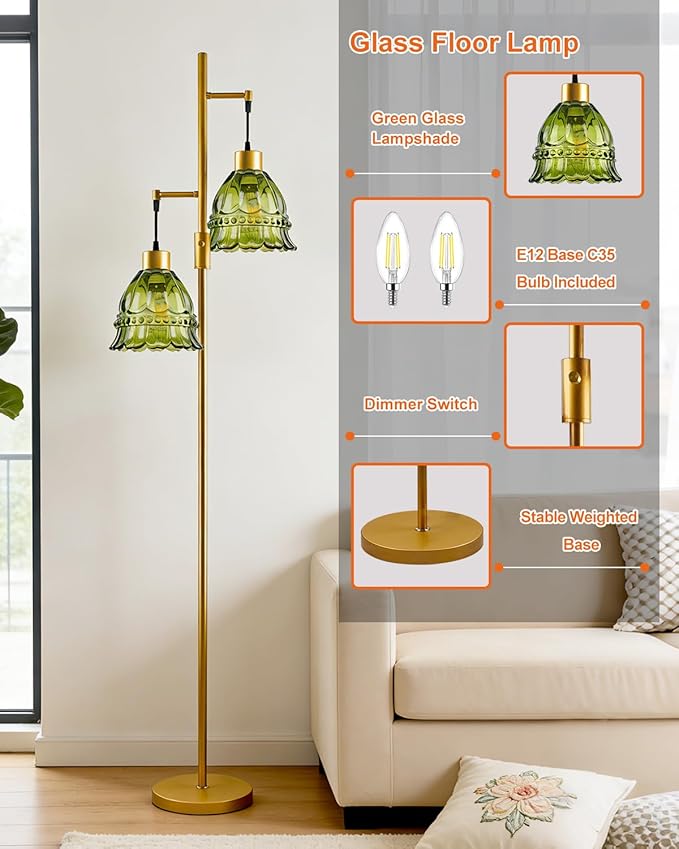 Lightdot 65IN Glass Floor Lamp for Living Room, 2- Light Gold Flower Floor Lamps with Green Glass Lampshade, 3000K Warm White Modern Standing Tall Lamp for Bedroom Corner