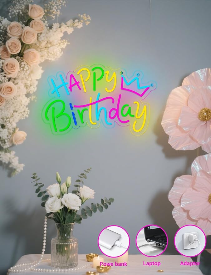 Happy Birthday Neon Sign for Decorations Backdrop, Happy Birthday Light Up LED Sign for Party Backdrop with Dimmable USB Power for Any Ages (Happy Birthday)