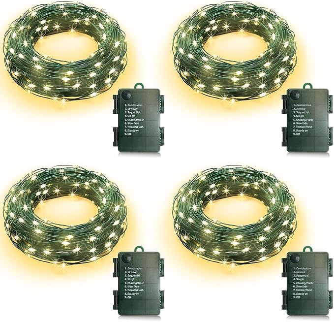 4 Pack Fairy String Twinkle Lights Battery Operated Auto Timer | 16.5FT 50 LED Warm White 8 Modes Green Wire Waterproof for Christmas Tree Wreath Garland Xmas Bedroom Outdoor Indoor Decor