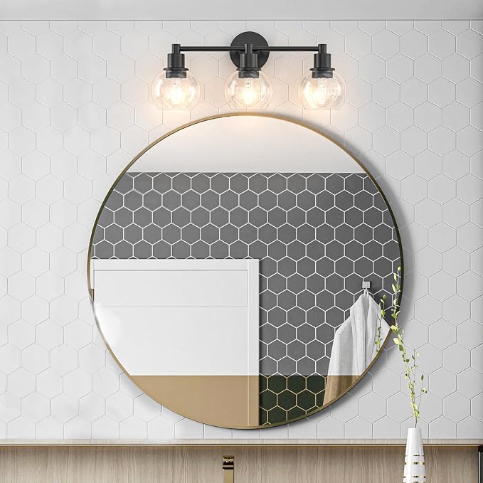 3 Lights Bathroom Vanity Light Fixtures Black, Bathroom Lights Over Mirror, Industrial and Farmhouse 3 Lights Wall Sconce, Matte Black Globe Vanity Lighting Fixtures