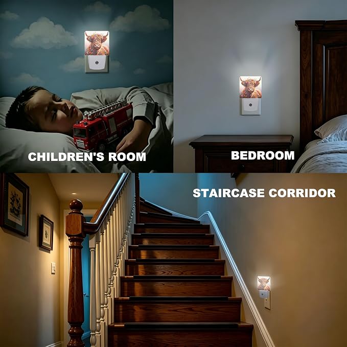 Night Lights Plug into Wall, Highland Cow Night Light with Dusk to Dawn Smart Sensor for Bedroom Bathroom Hallway Kitchen, Led Nightlights for Boys Girls Women Men