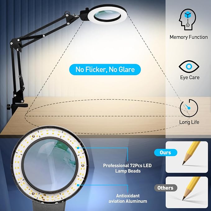 KIRKAS 12X Magnifying Glass with Light and Stand, Overhead Dual Knob | Lighted Magnifier Lamp for Workbench, Craft, Sewing, Repair, Reading, Real Glass Lens Stepless Dimming and Color (22IN Clamp)