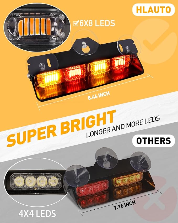 HLauto 2002L Emergency Dash Strobe Lights: Amber Red Safety Lights, Flashing Warning Hazard Windshield Visor Traffic Light Bars for Trucks, Construction Vehicles (2x8.5 inch, 48LED)