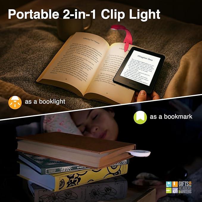 Gifts for Readers & Writers Book Light, Clip On Reading Light for Bed, 2in1 Flexilight & Bookmark, Small & Lightweight with a Soft Glow, 2 Batteries Included, Unicorn