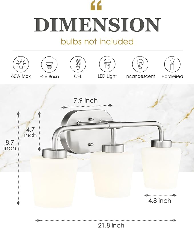 Bathroom Light Fixtures Over Mirror, 3-Light Brushed Nickel Vanity Lighting Fixtures with Milk White Glass, Vintage Farmhouse Wall Sconces Lighting, AD-22004-3W-SN