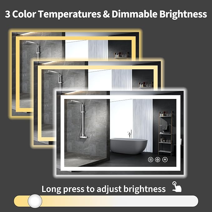 Koonmi 60x28 LED Bathroom Mirror with Light, Anti-Fog, 3 Colors | Backlit + Front Lit, Dimmable Brightness, Shatterproof HD Distortion-Free Tempered Glass, Hardware Included