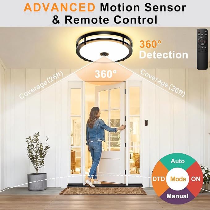 16IN LED Motion Sensor Outdoor Ceiling Light with Remote, 32W | Dusk to Dawn, 2700K/3000K/3500K/4000K/5000K Dimmable, 4 Lighting Modes, Large Flush Mount Ceiling Light for Entryway, Black
