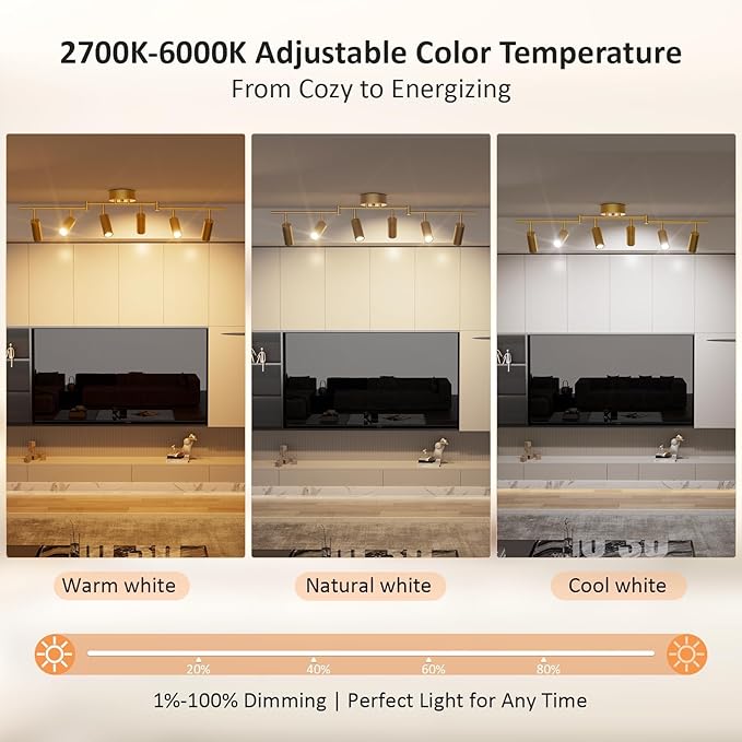 6 Light Heads Gold Track Lighting Kit, 36W CCT 2700K-6000K & Brightness Dimming, Modern LED Ceiling Light Fixture with Flexible Rotatable Heads, APP/Remote/Alexa Control, Gold Kitchen Light Fixture