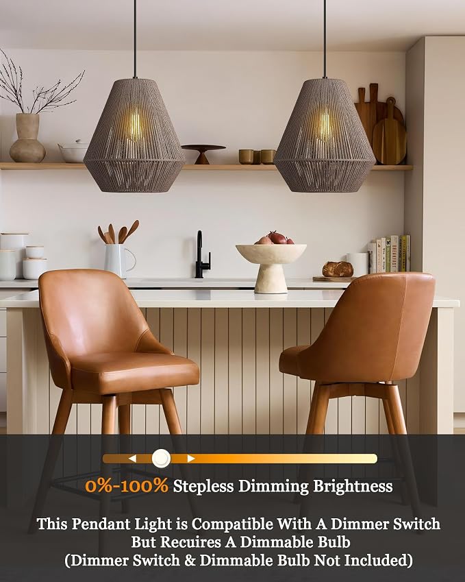 ELYONA 12” Woven Japandi Pendant Light for Kitchen Island Boho Hanging Lamp with Handwoven Rattan Basket Shade Adjustable Pendant Light Fixtures for Dining Room Bar Bedroom Foyer Hallway Dark Brown