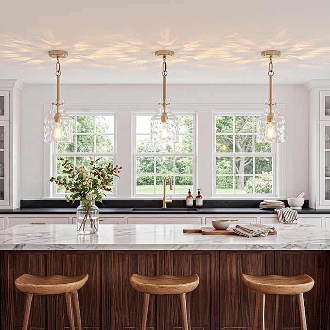 7 Inch Pendant Lights Kitchen Island with Clear Hammered Glass Shade Modern Pendant Light Fixtures Industrial Hanging Ceiling Lights for Kitchen Dining Room Bedroom Entryway, Gold, 1 Pack
