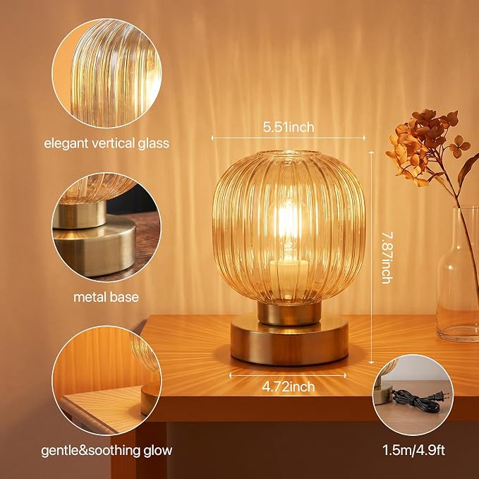 Elenhome Amber Touch Glass Table Lamp Set of 2, 3-Way Dimmable Bedside Lamps, Vintage Mid-Century Modern Nightstand Lamps for Bedroom and Living Room, Ambient Mood Lighting, LED Bulb Included