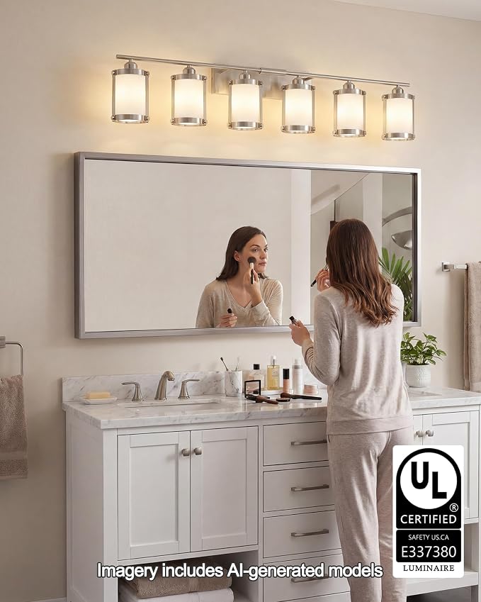 6-Light Brushed Nickel Bathroom Light Fixtures Over Mirror with Frosted Milk Glass and Metal Cage Shade, 42" UL-Listed Modern Farmhouse Wall Sconce for Bath, Hardwire E26, OS-3014BNW-6W