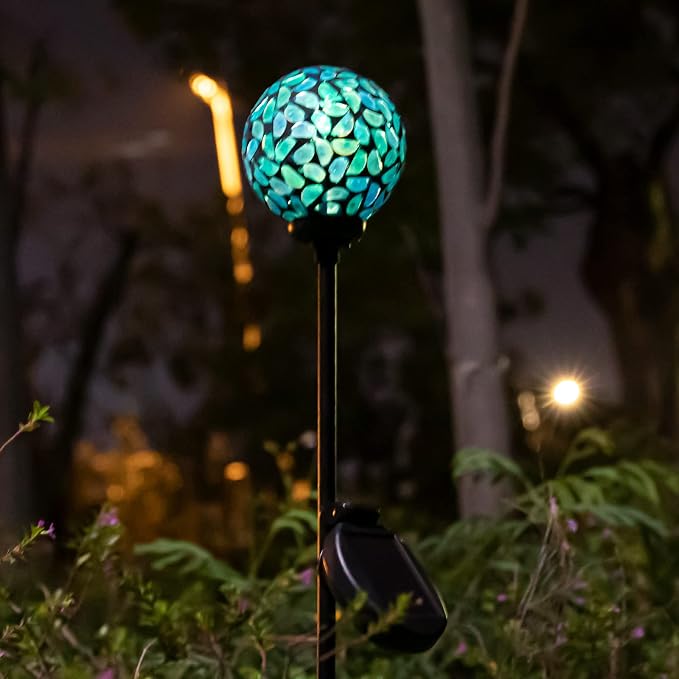 VCUTEKA Decorative Solar Garden Lights, 3.5" Mosaic Globe Outdoor Stake | Mosaic Glass Globe Design, Solar LED Light, Waterproof Design, Auto On/Off and Metal Stake Design for Lawn and Patio