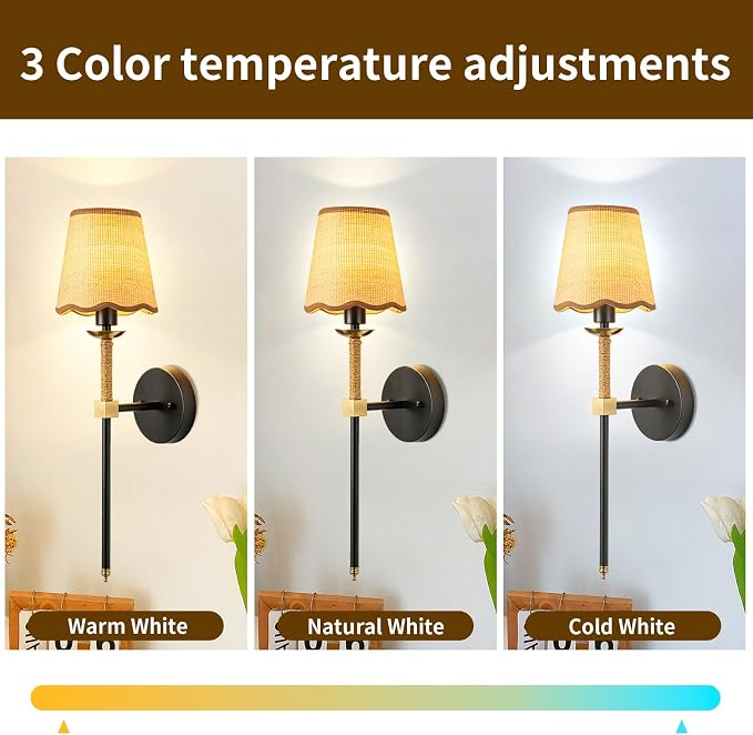 Boho Battery Operated Wall Sconce Set of 2, Black Gold Wireless Rechargeable Wall Lights with Rattan Shade, 12 RGB and 3CCT Dimmable Cordless Wall Lamps with Remote for Bedroom Living Room