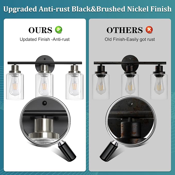 Modern Bathroom Light Fixtures, 3 Light Vanity Lights, Black and Brushed Nickel Wall Lamp with Clear Glass for Bathroom, Mirror, Living Room, Bedroom, Hallway, E26 Base