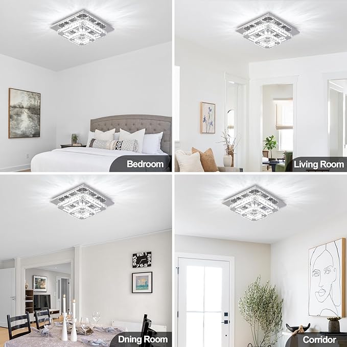 FRIXCHUR Crystal Chandelier LED Crystal Ceiling Light 2 Layers 12 inch Flush Mount Ceiling Light Modern Chandeliers Lighting for Bedroom Hallway Staircase Kitchen Closet (Cool White)