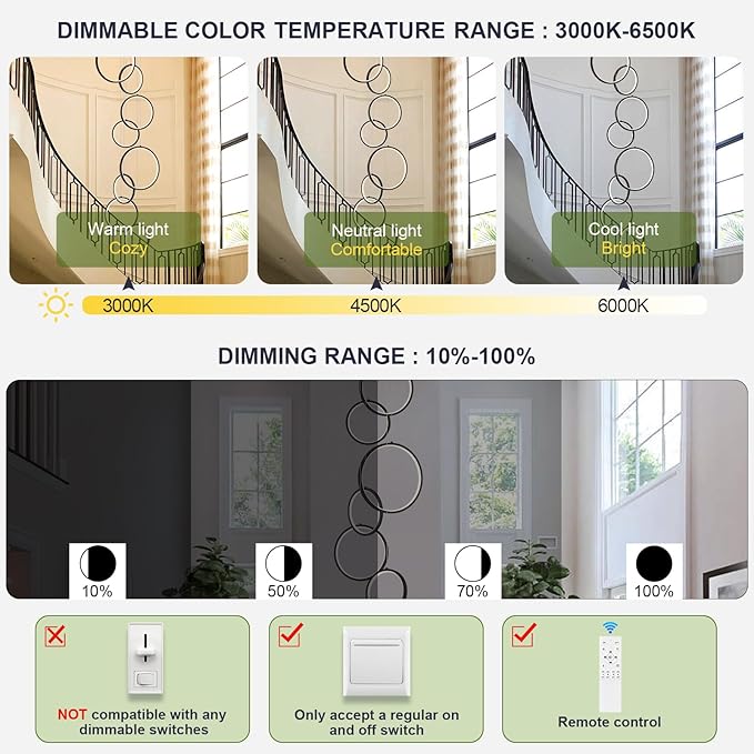 High Ceiling Chandelier 10 Ring Black Foyer Chandeliers Entryway Long Modern LED High Ceiling Light Staircase with Remote Control for Living Dining Room (98.5in 3000K-6500K)