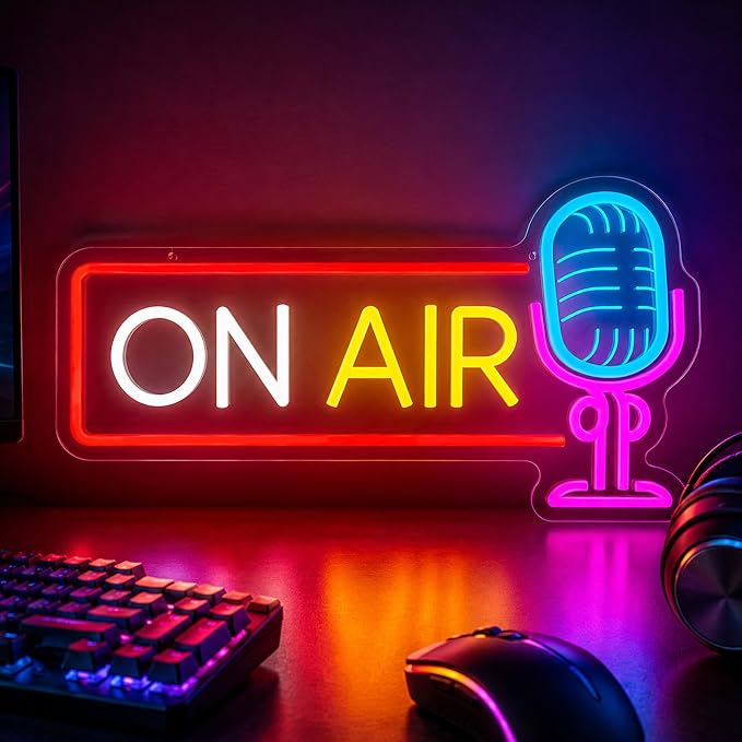 ON AIR Neon Sign with Microphone Neon Live On Air Sign for Recording Studio | ON AIR sign for streamers, podcasters, and content creators, suitable for streaming setups, recording spaces, and studios